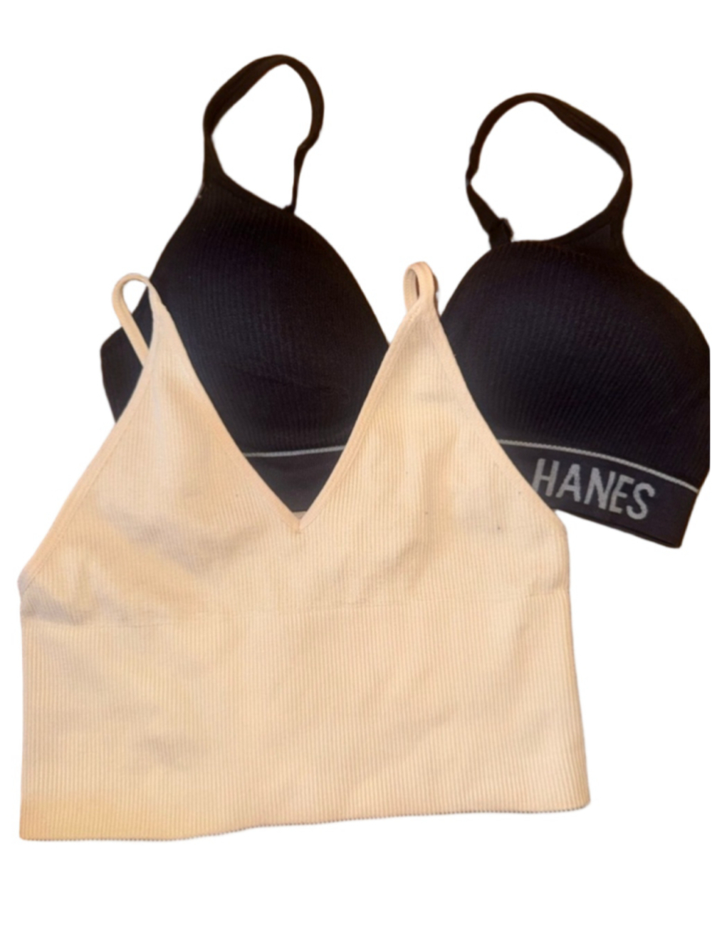 Hanes Ribbed V-Neck Bralette Set in Black and Beige